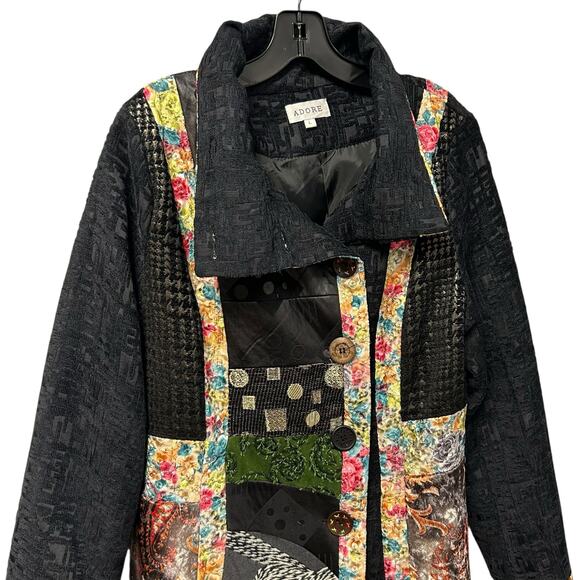 Adore Black Multicolor Abstract Print Button Up Textured Coat Womens Large - Picture 3 of 6